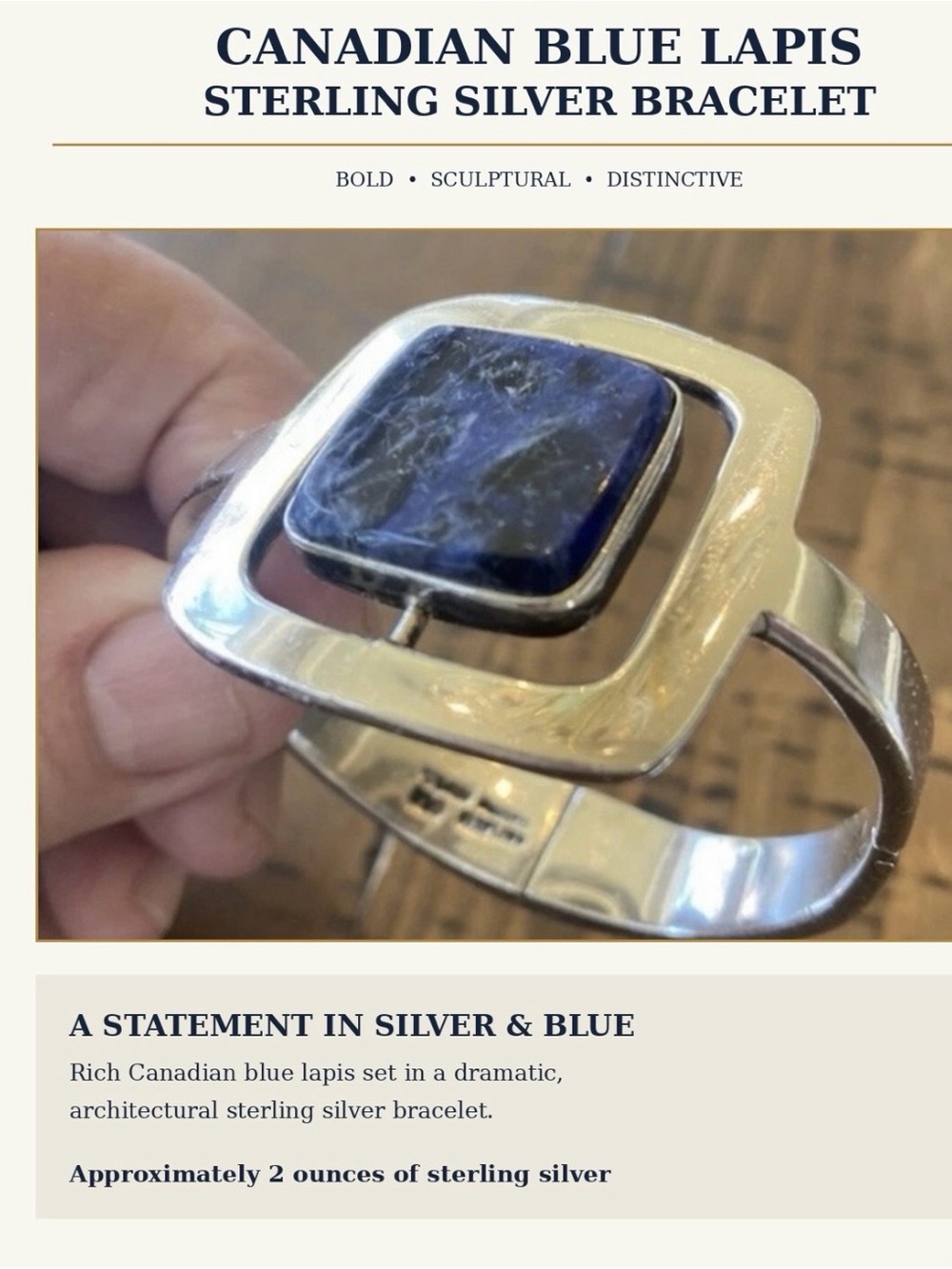 Dymo Silver Bracelet with Deep Blue Square Stone